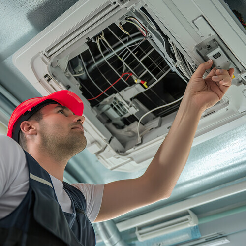 A technician examines the filters of a ceiling air conditioner.