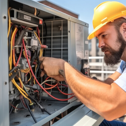 Technician working on air conditioning outdoor unit