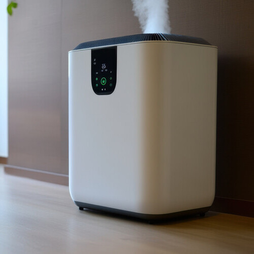 A sleek air purifier emits vapor in a bright, contemporary living room