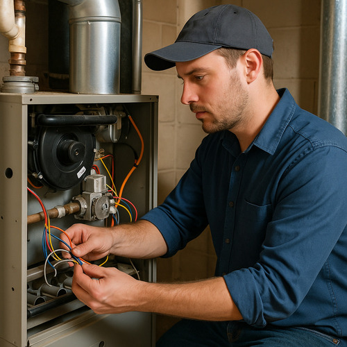a technician repairing a furnace